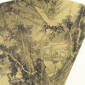 Detalhe, de, paisagem, com, lago, ponte, e, pescador, tinta, ligado, ouro, papel